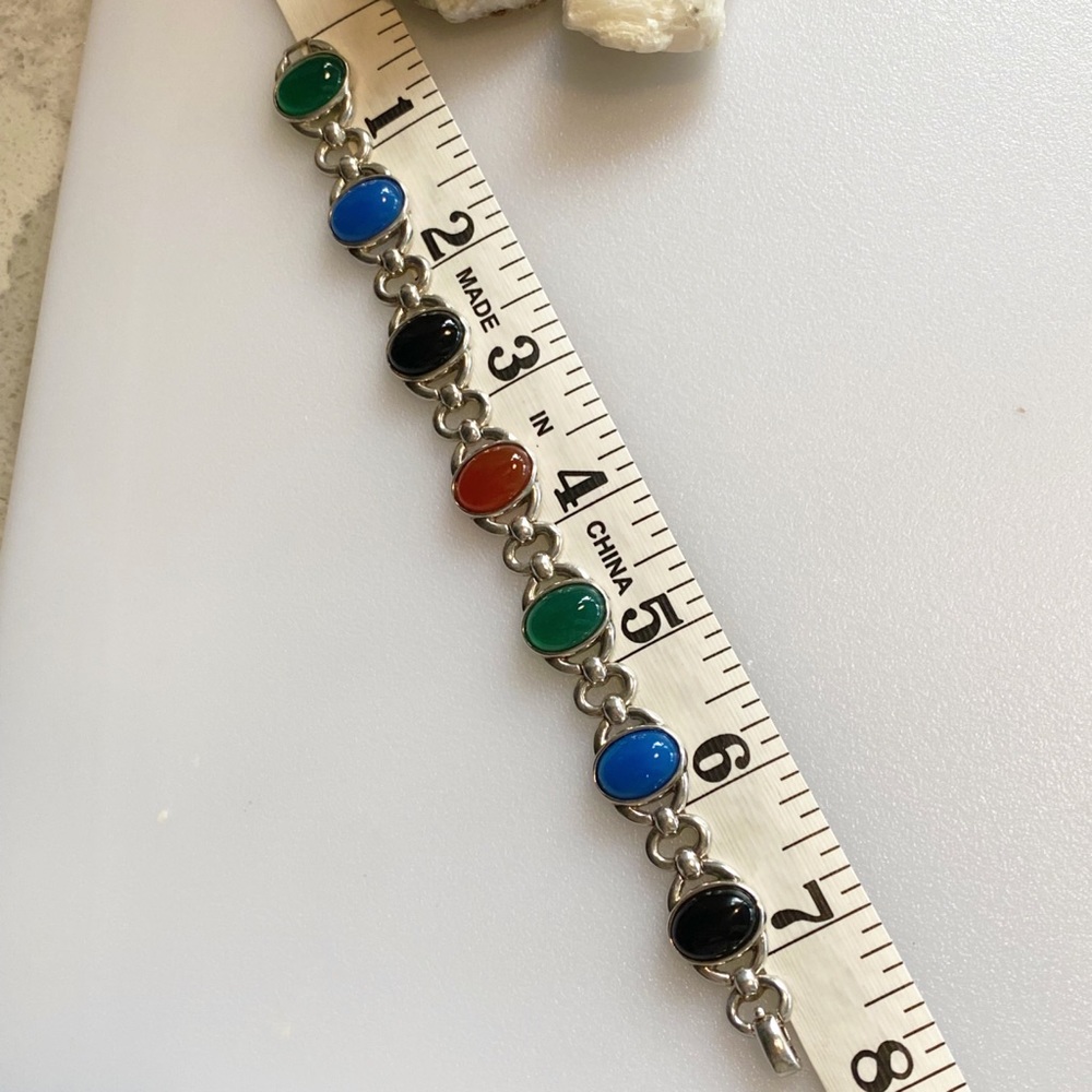 VTG-Sterling Silver 925 Multi Color Onyx, Carnelian & Chalcedony Link Bracelet - Picture 13 of 14